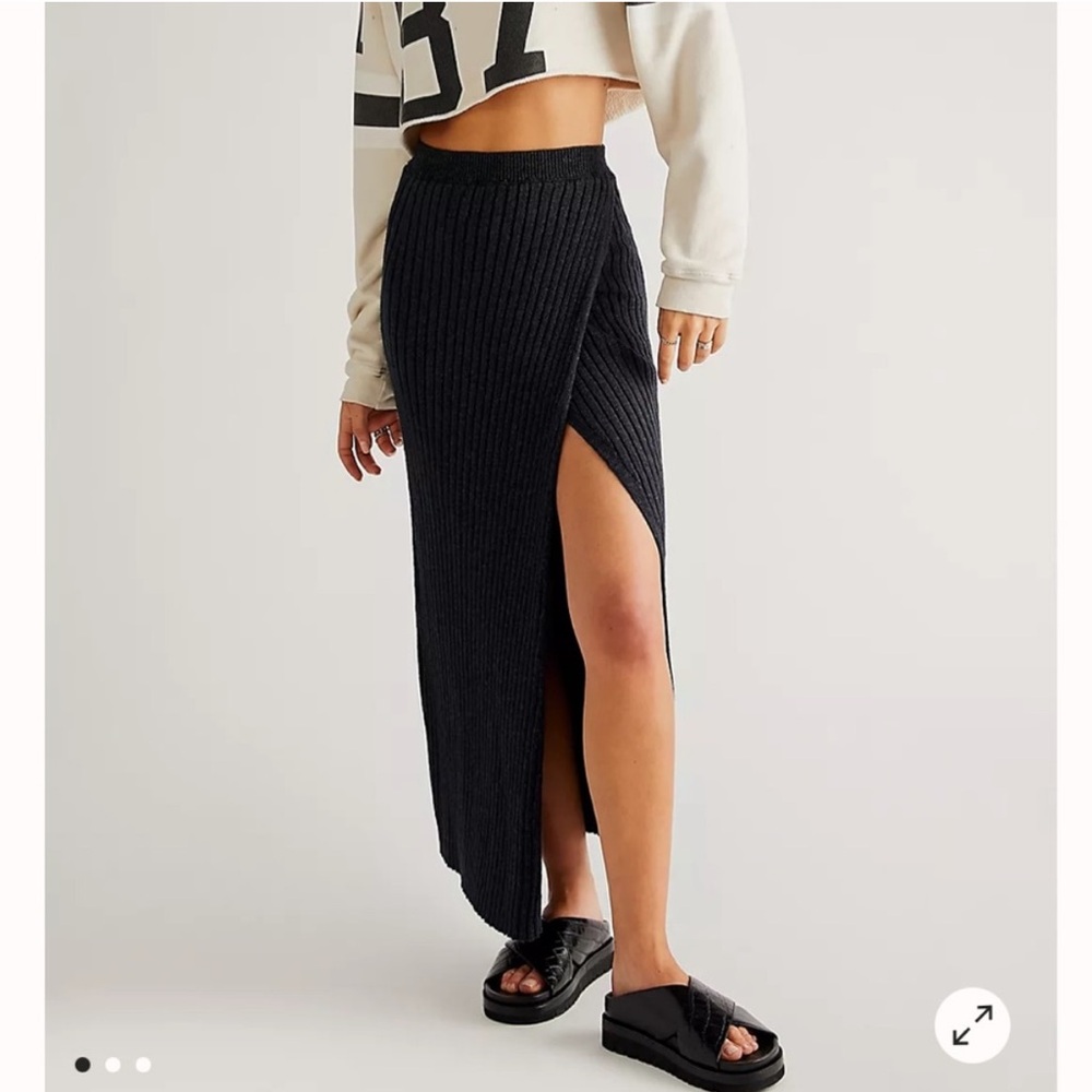 Free People Black Ribbed Maxi Skirt with Side Slit NWT